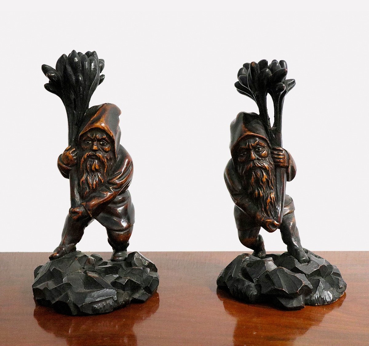 Pair Of Dwarfs In Carved Wood With Glass Eyes, Circa 1880