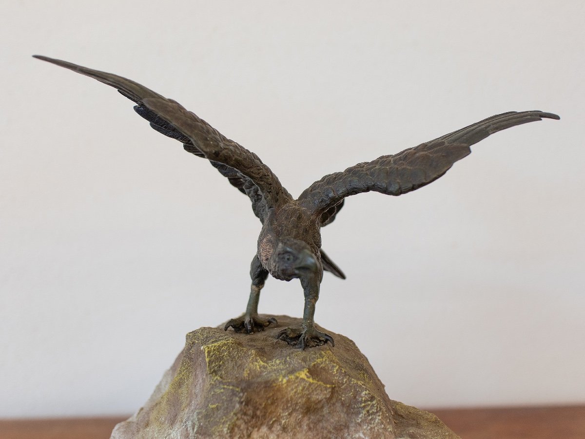 Figurine En Bronze "deux Aigles Sur Un Rocher".-photo-3