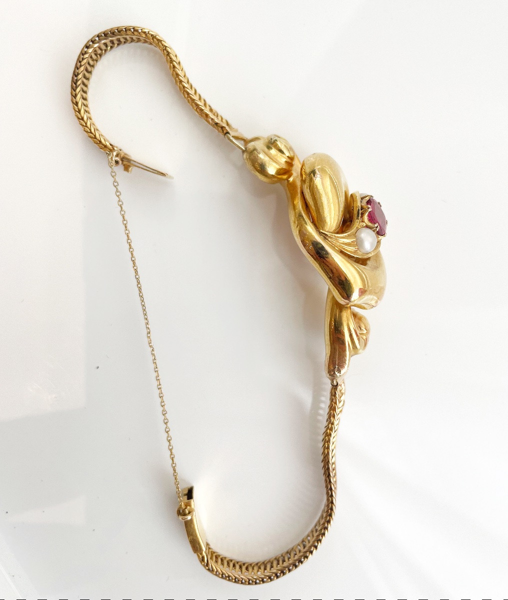 18th Century Biedermeier Bracelet With Two Pearls And Emeralds-photo-3