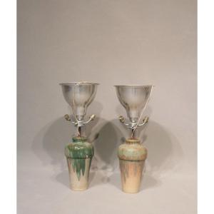 Pair Of Vases Mounted As Lamps Signed Charles Greber