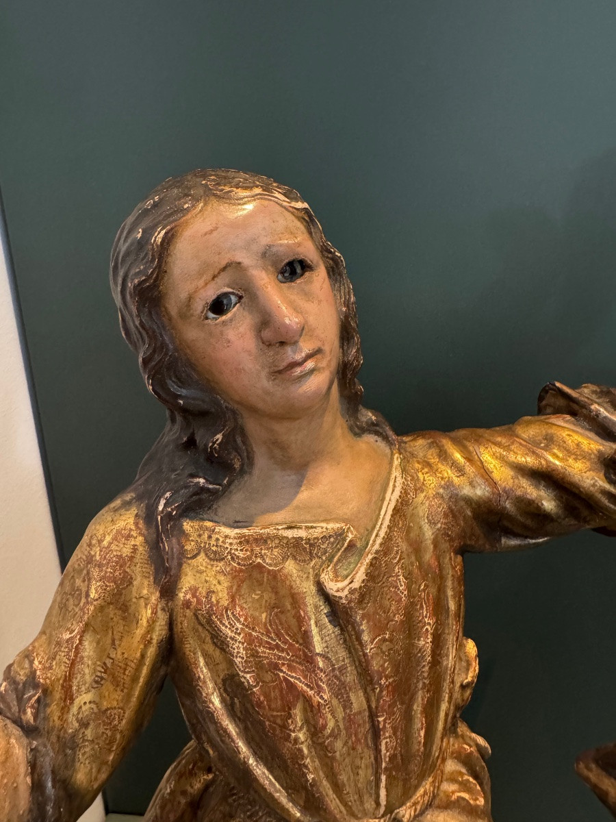 Pair Of Statues In Gilt Wood And Polychromy, Italy, Naples, Early 18th Century, Glass Eyes -photo-3