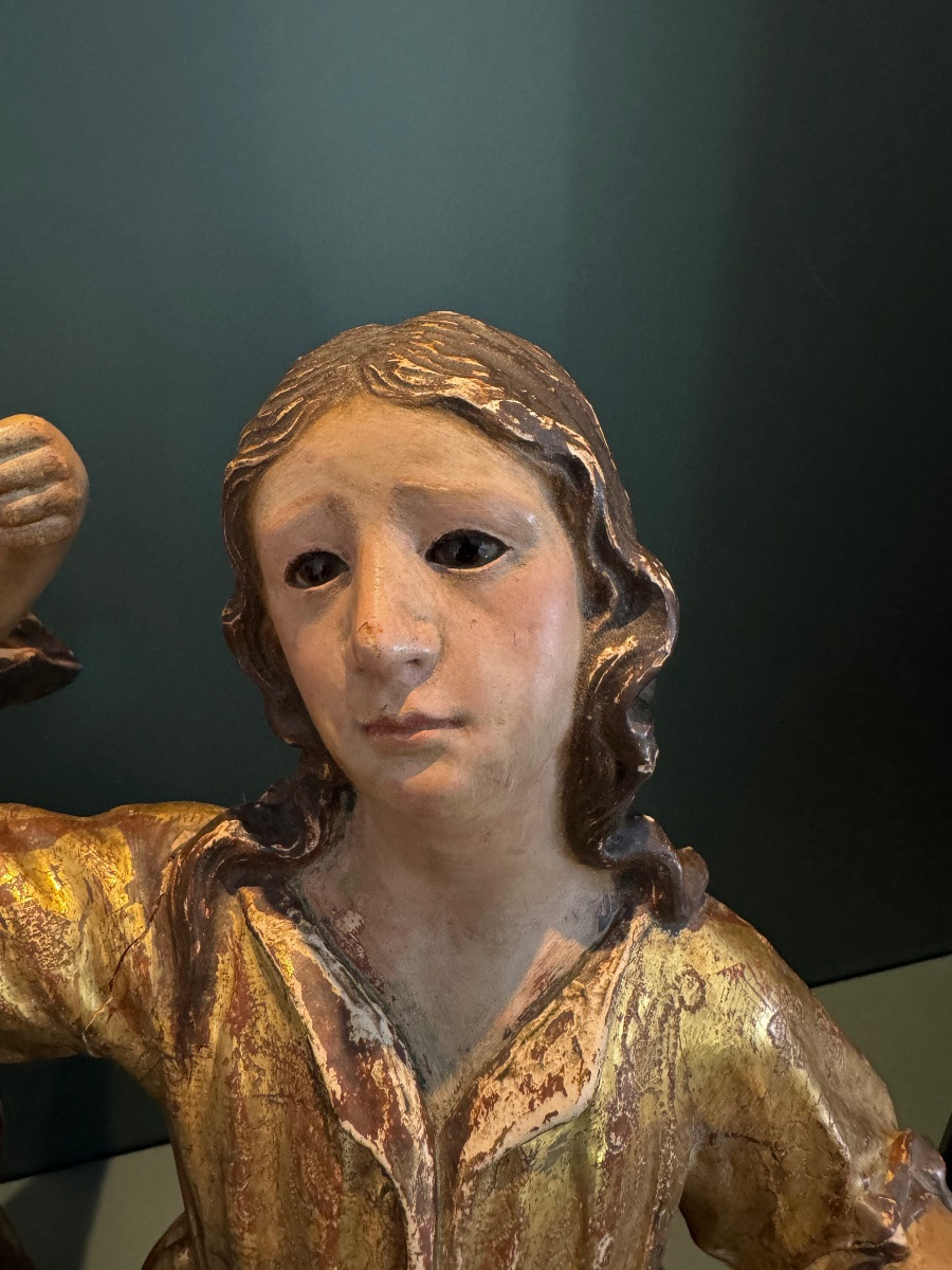 Pair Of Statues In Gilt Wood And Polychromy, Italy, Naples, Early 18th Century, Glass Eyes -photo-4