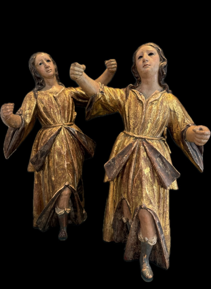 Pair Of Statues In Gilt Wood And Polychromy, Italy, Naples, Early 18th Century, Glass Eyes -photo-2