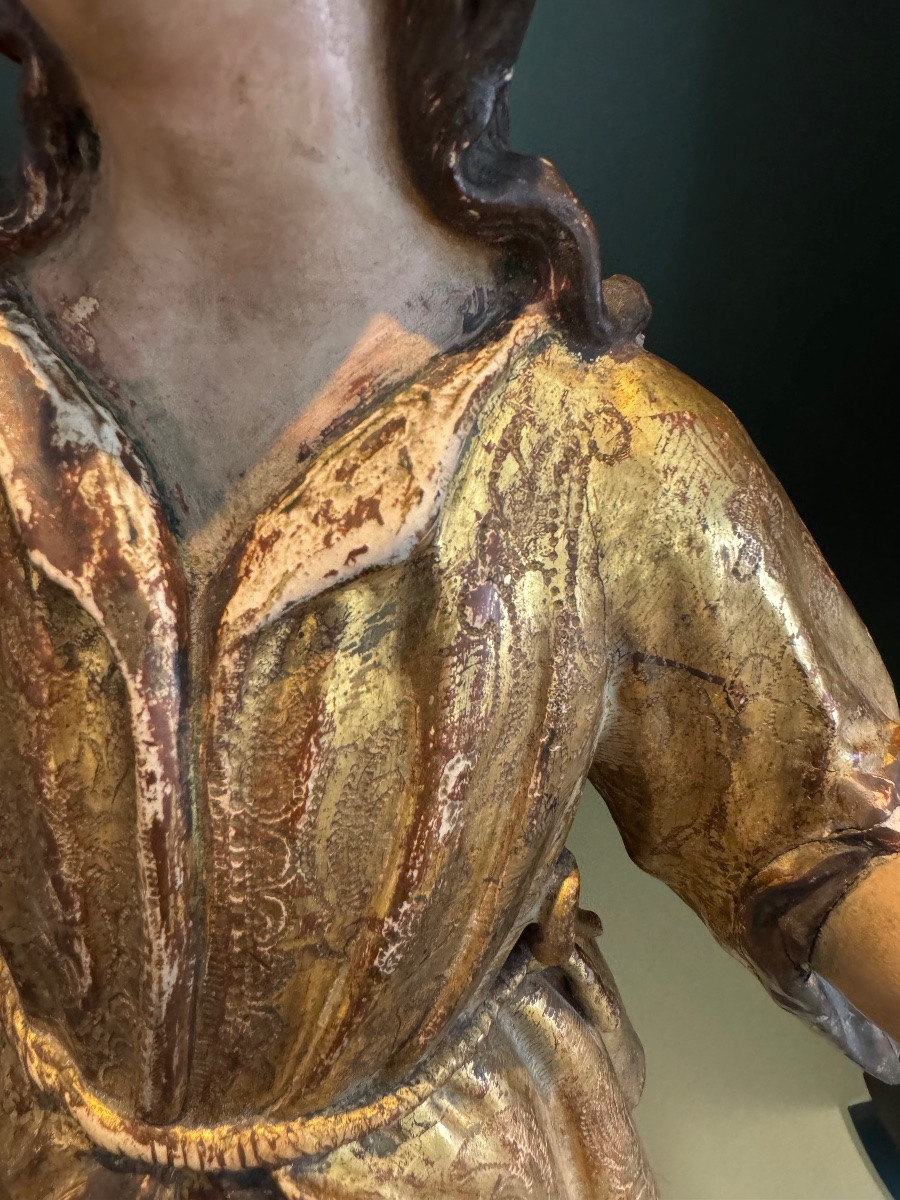 Pair Of Statues In Gilt Wood And Polychromy, Italy, Naples, Early 18th Century, Glass Eyes -photo-1