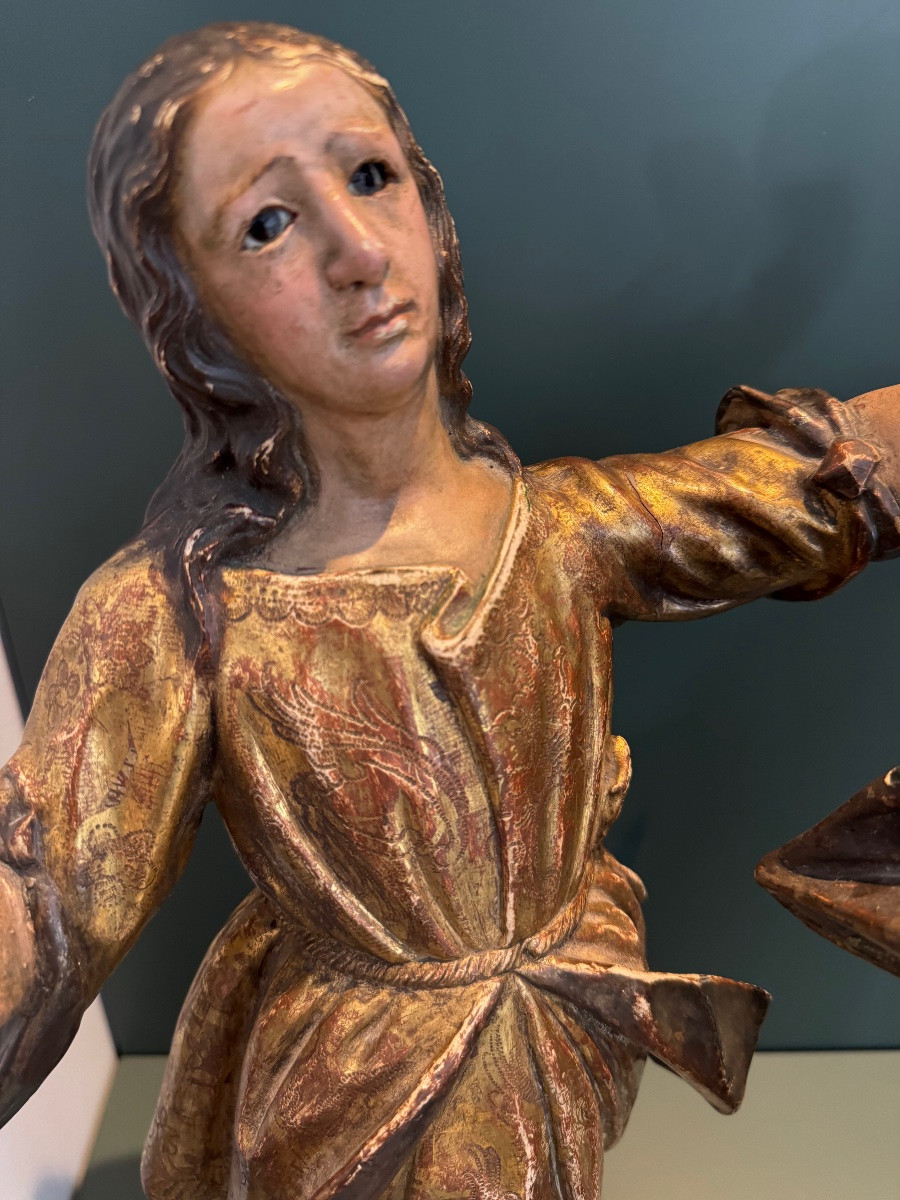 Pair Of Statues In Gilt Wood And Polychromy, Italy, Naples, Early 18th Century, Glass Eyes -photo-3