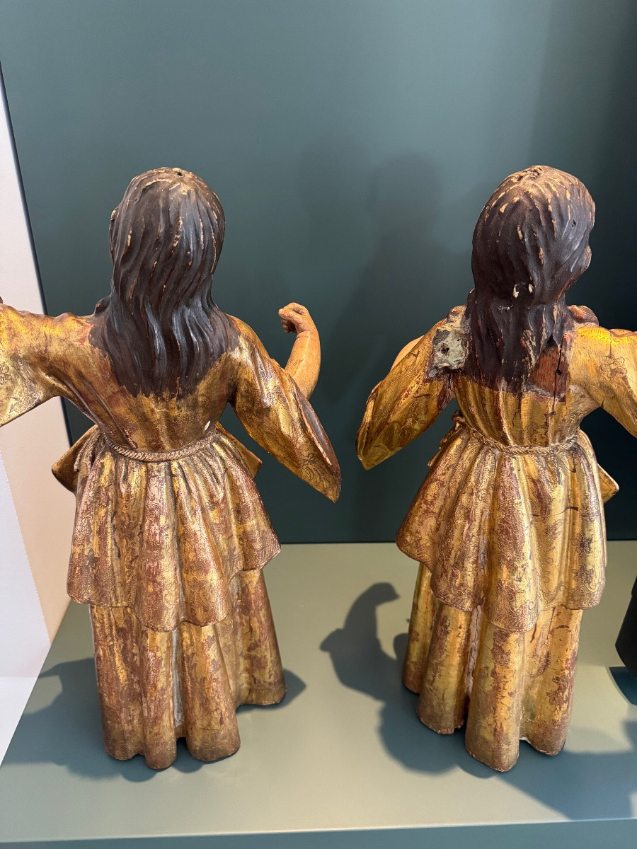 Pair Of Statues In Gilt Wood And Polychromy, Italy, Naples, Early 18th Century, Glass Eyes -photo-5