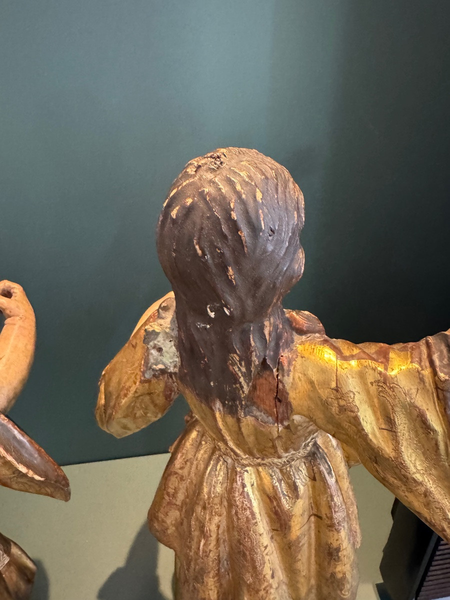 Pair Of Statues In Gilt Wood And Polychromy, Italy, Naples, Early 18th Century, Glass Eyes -photo-6