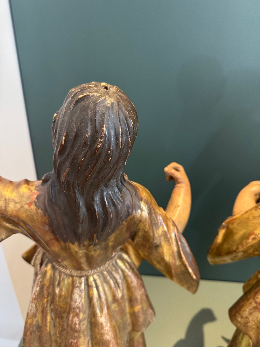 Pair Of Statues In Gilt Wood And Polychromy, Italy, Naples, Early 18th Century, Glass Eyes -photo-7