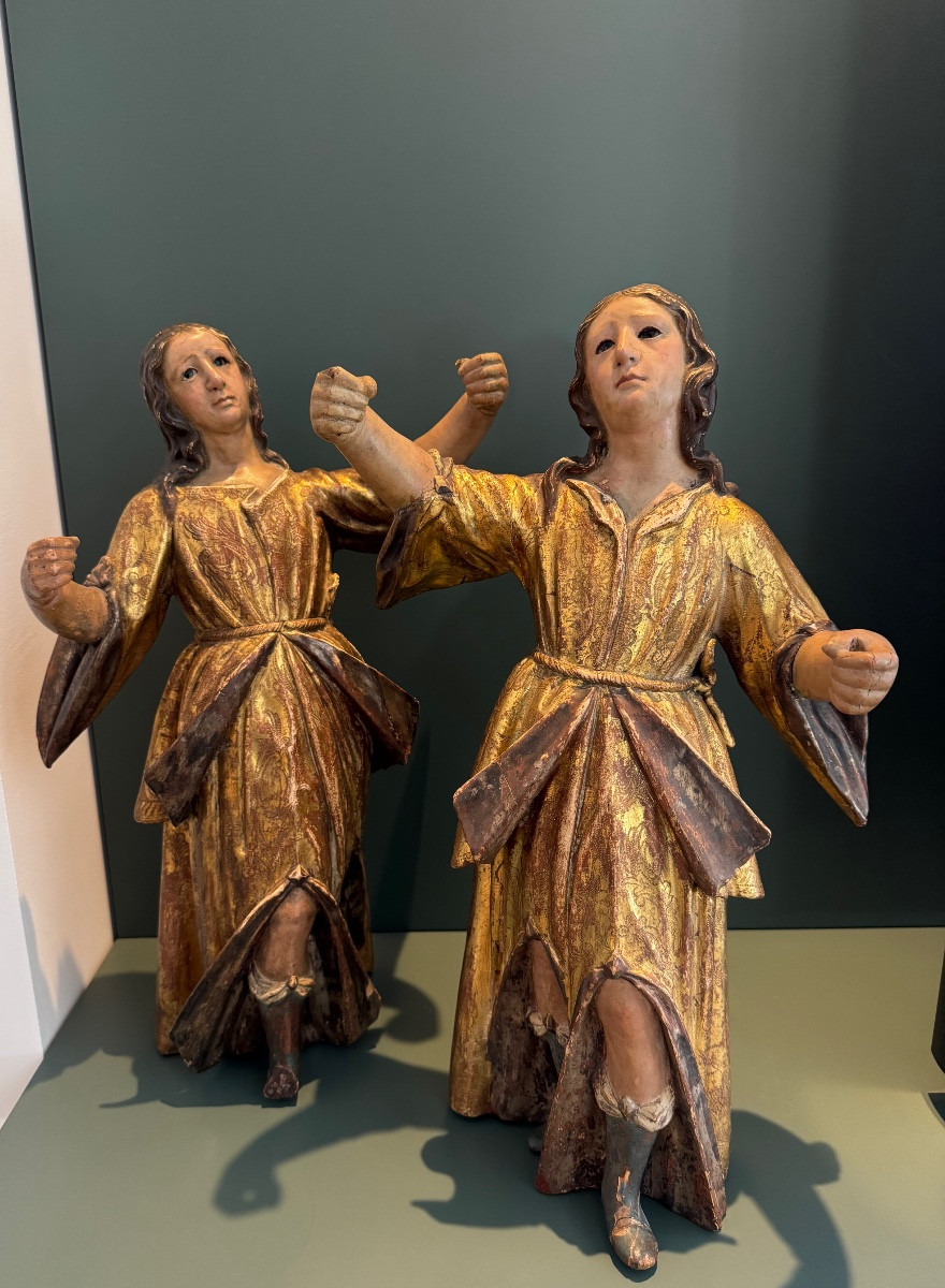 Pair Of Statues In Gilt Wood And Polychromy, Italy, Naples, Early 18th Century, Glass Eyes 