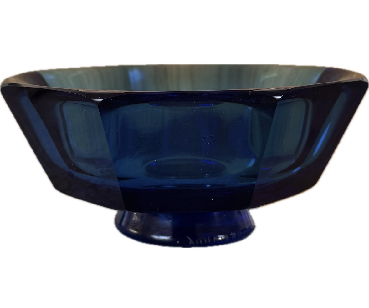 DAUM NANCY :  COUPE DAUM OCTOGONALE SUR PIED DOUCHE ROND  RARE BLEU  INTENSE  EPOQUE ART DECO-photo-2