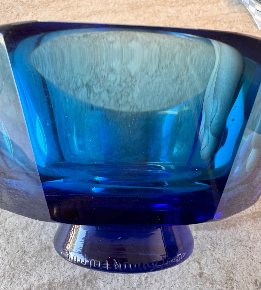 DAUM NANCY :  COUPE DAUM OCTOGONALE SUR PIED DOUCHE ROND  RARE BLEU  INTENSE  EPOQUE ART DECO-photo-4