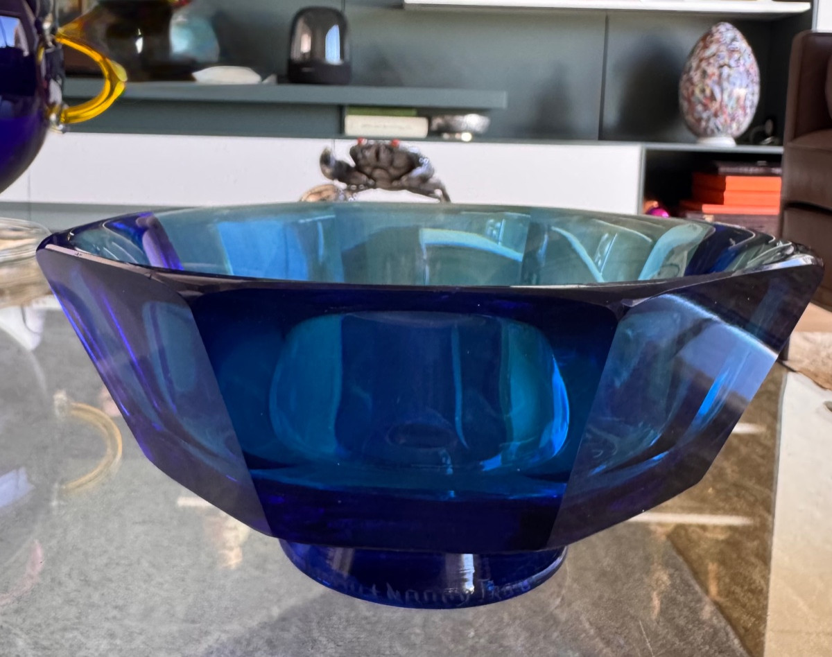 DAUM NANCY :  COUPE DAUM OCTOGONALE SUR PIED DOUCHE ROND  RARE BLEU  INTENSE  EPOQUE ART DECO-photo-3