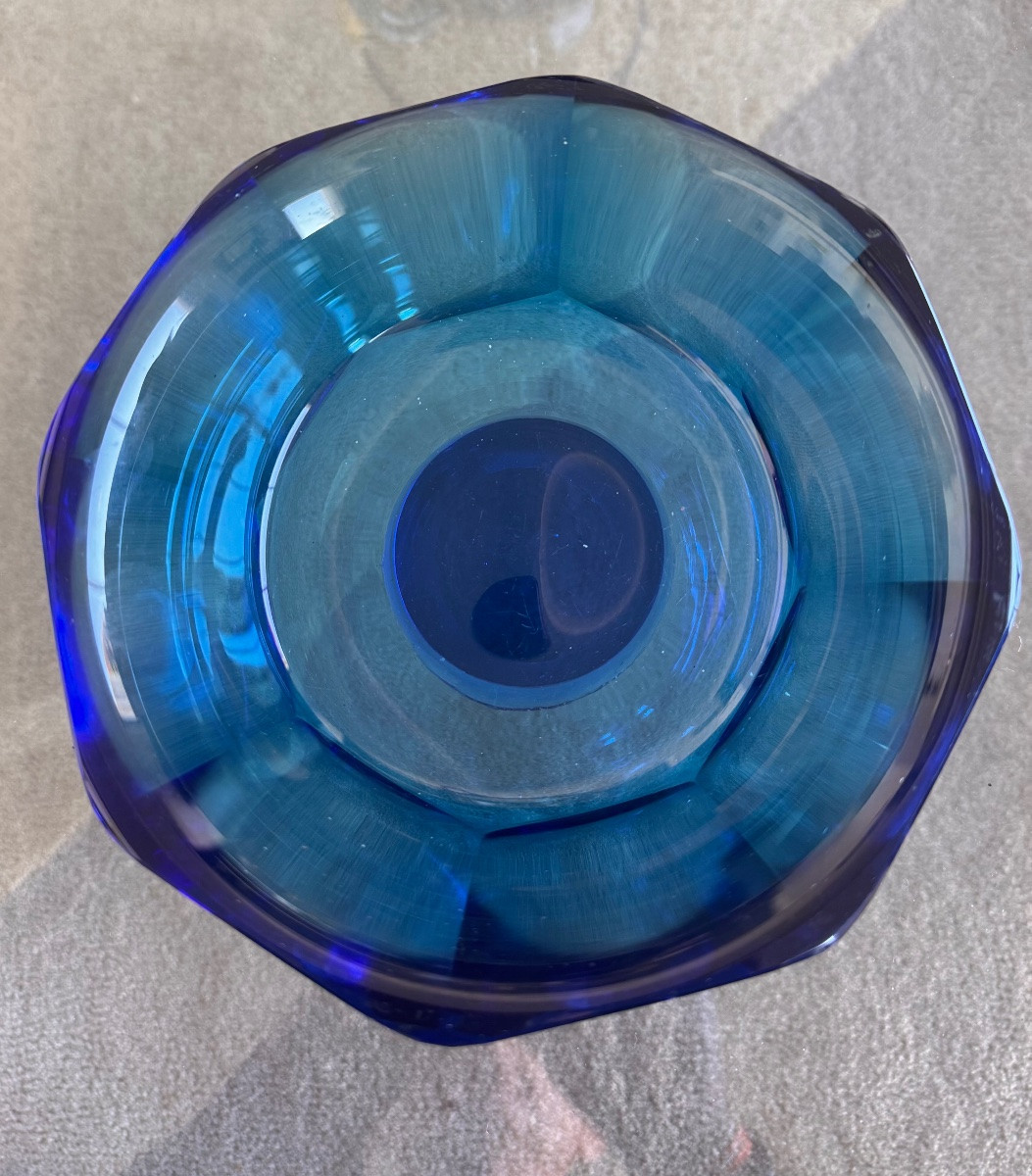 DAUM NANCY :  COUPE DAUM OCTOGONALE SUR PIED DOUCHE ROND  RARE BLEU  INTENSE  EPOQUE ART DECO-photo-4