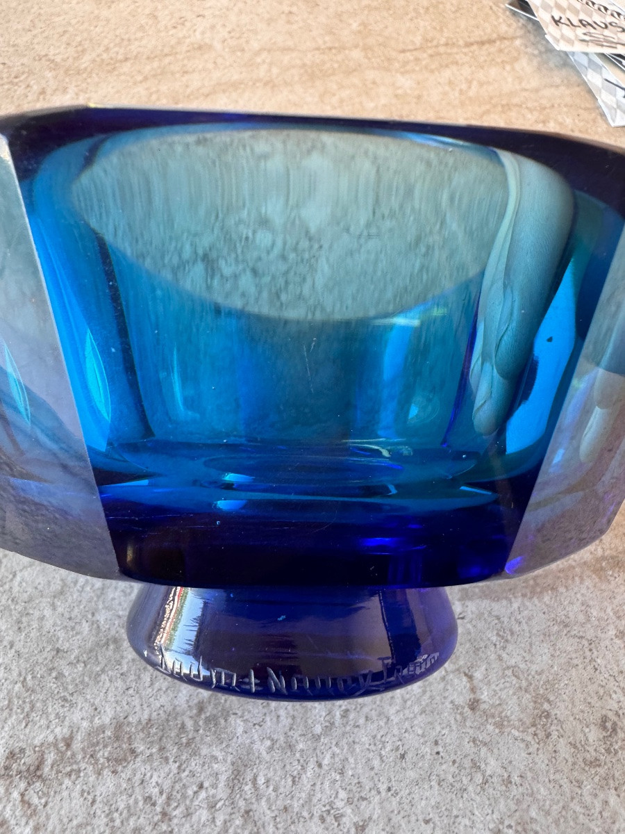 DAUM NANCY :  COUPE DAUM OCTOGONALE SUR PIED DOUCHE ROND  RARE BLEU  INTENSE  EPOQUE ART DECO-photo-5