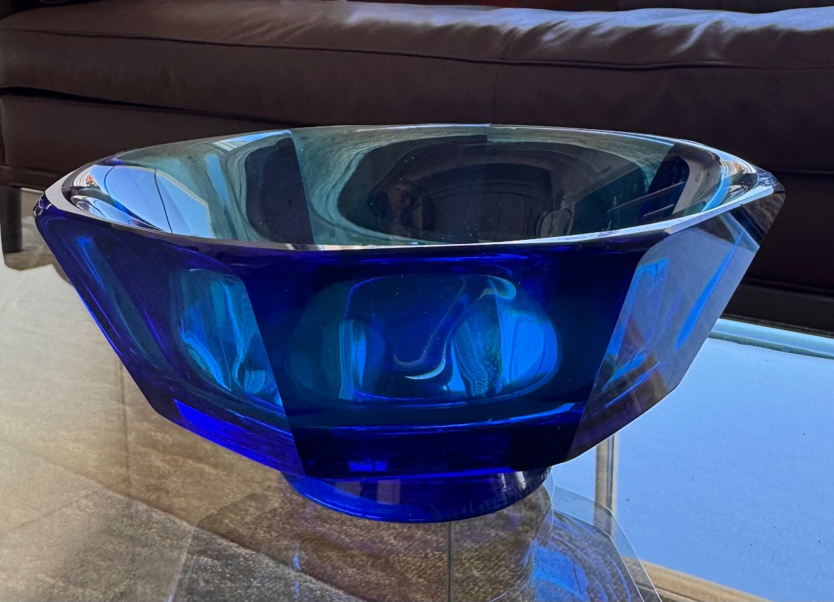DAUM NANCY :  COUPE DAUM OCTOGONALE SUR PIED DOUCHE ROND  RARE BLEU  INTENSE  EPOQUE ART DECO-photo-7
