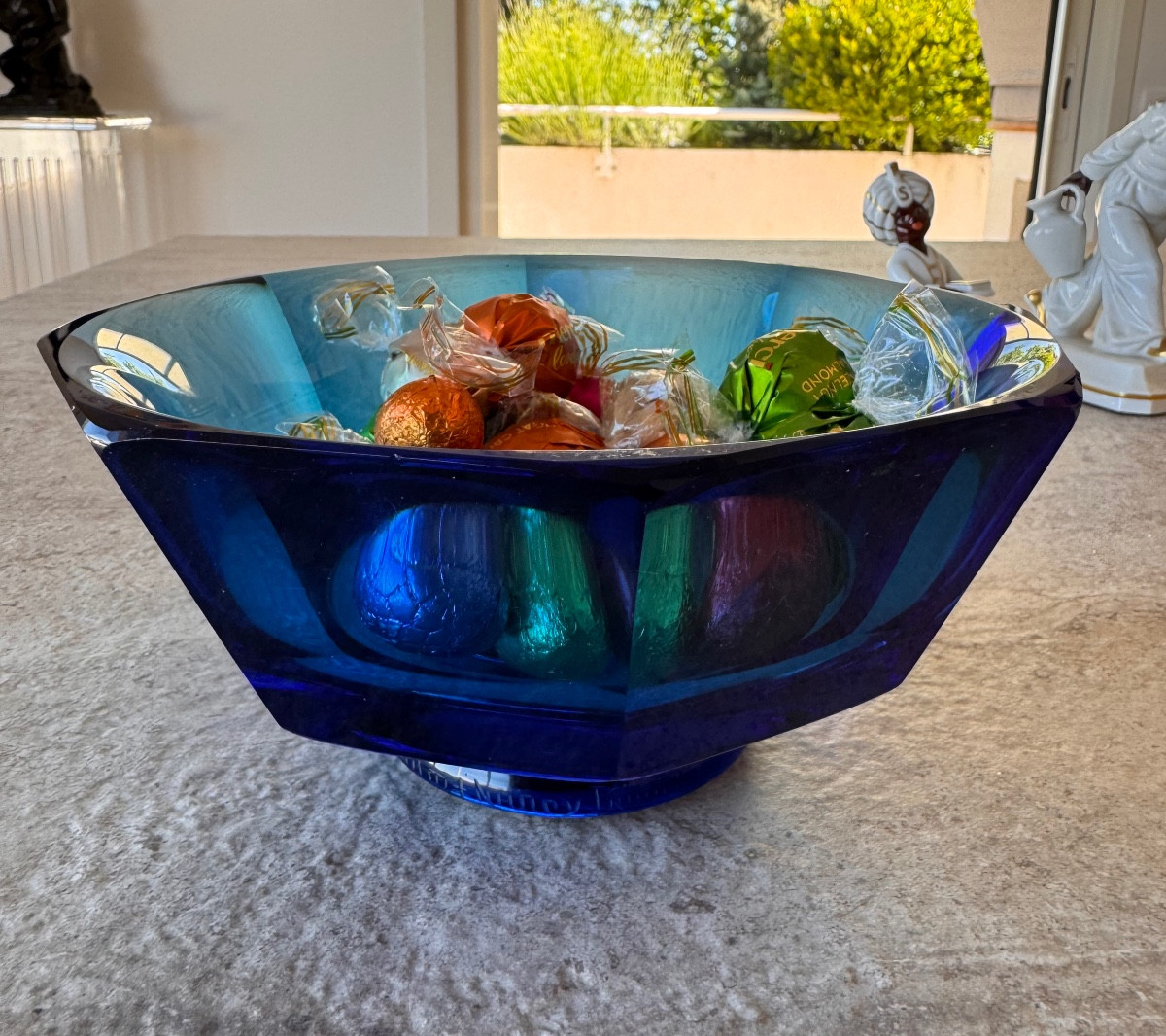 DAUM NANCY :  COUPE DAUM OCTOGONALE SUR PIED DOUCHE ROND  RARE BLEU  INTENSE  EPOQUE ART DECO-photo-2