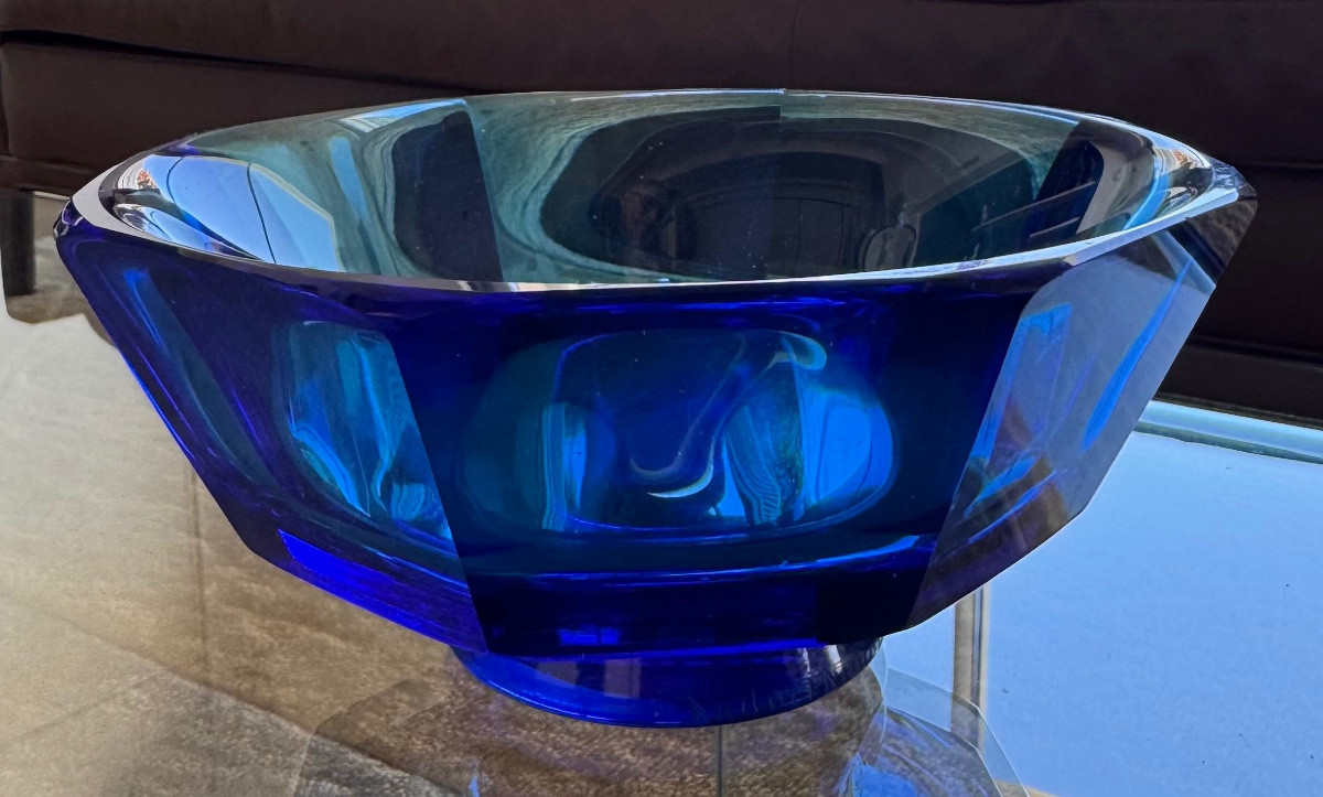 DAUM NANCY :  COUPE DAUM OCTOGONALE SUR PIED DOUCHE ROND  RARE BLEU  INTENSE  EPOQUE ART DECO