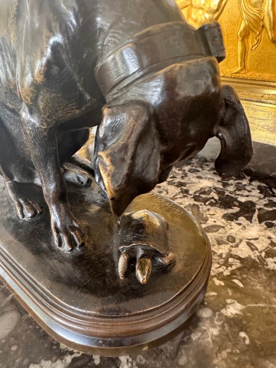 H. A   JACQUEMART   BRONZE CHIEN A LA TORTUE FONDEUR ALFRED DELAFONTAINE XIX SIECLE-photo-1