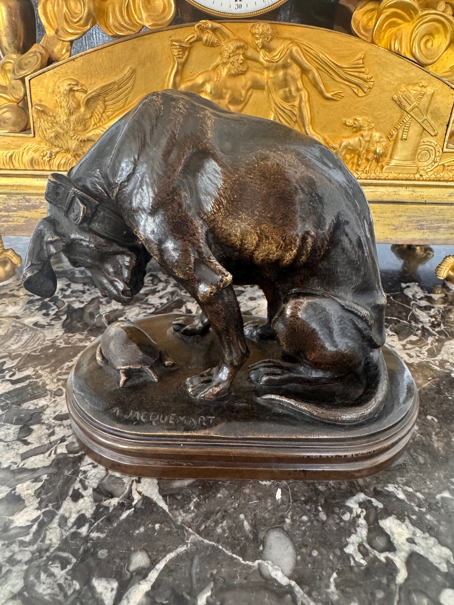 H. A   JACQUEMART   BRONZE CHIEN A LA TORTUE FONDEUR ALFRED DELAFONTAINE XIX SIECLE-photo-3