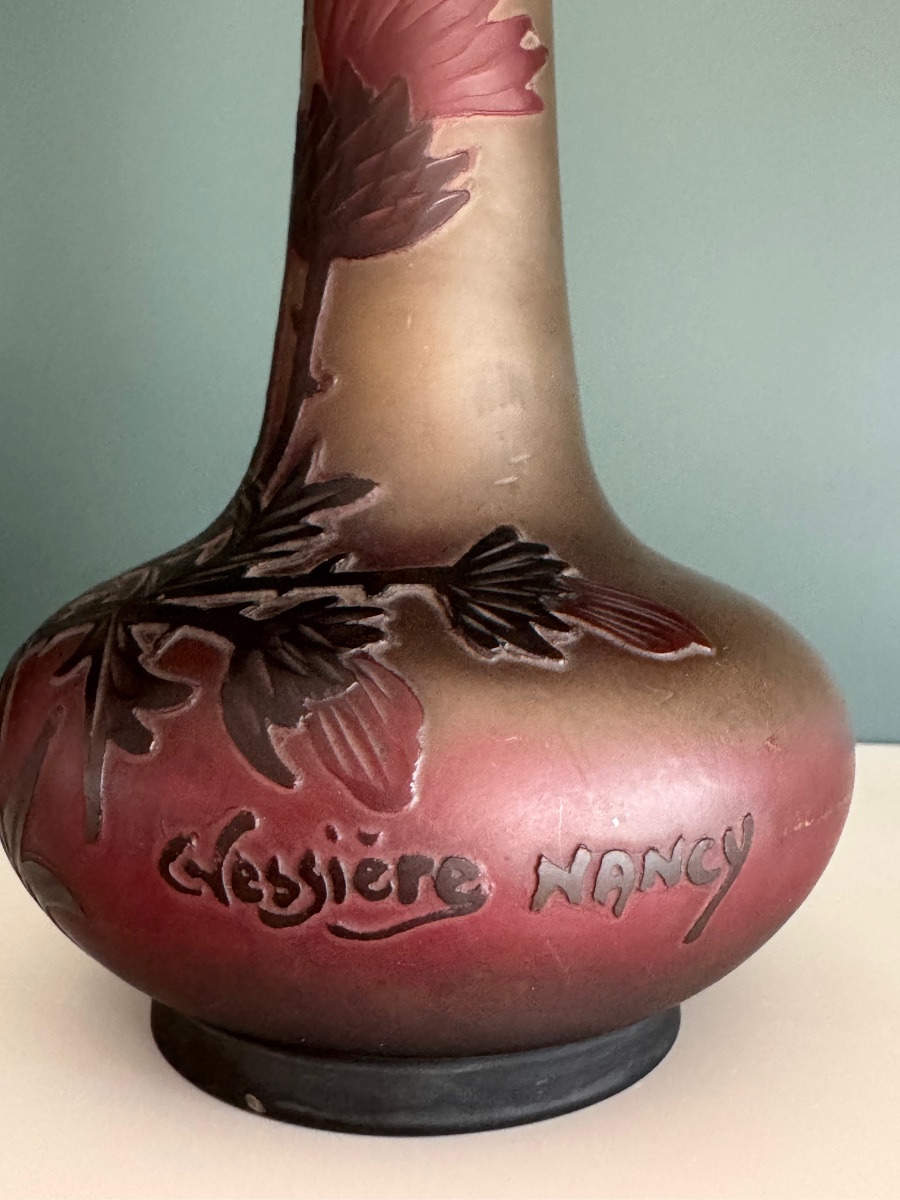 CHARLES VESSIERE  VASE ART NOUVEAU  EN PATE DE VERRE DEGAGÉ À L'ACIDE 30 CM DEBUT XX e SIECLE-photo-4