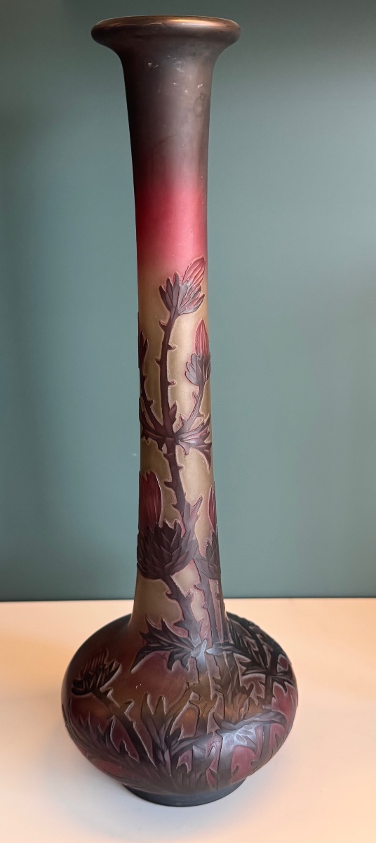 CHARLES VESSIERE  VASE ART NOUVEAU  EN PATE DE VERRE DEGAGÉ À L'ACIDE 30 CM DEBUT XX e SIECLE