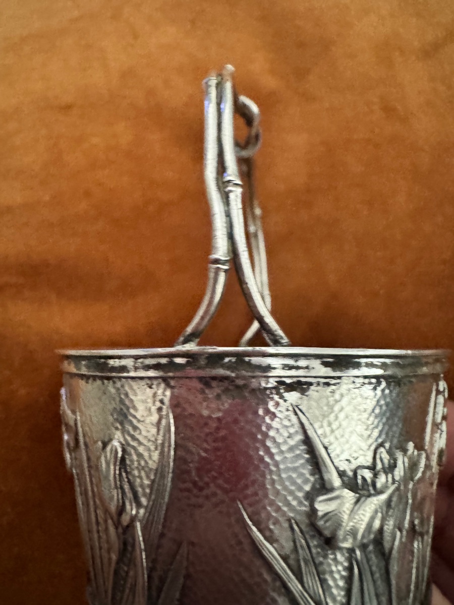 Japan:  Miyamoto Shoko Silversmith, Small Solid Silver Basket, Late Meji Period, Iris Decorations-photo-1