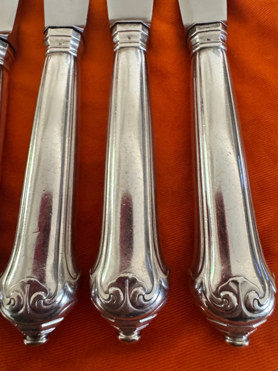 BANCELIN :24  GRANDS COUTEAUX ARGENT STYLE XVIII DLG PUIFORCAT +11 COUTEAUX LAME ARGENT DESSERT-photo-3