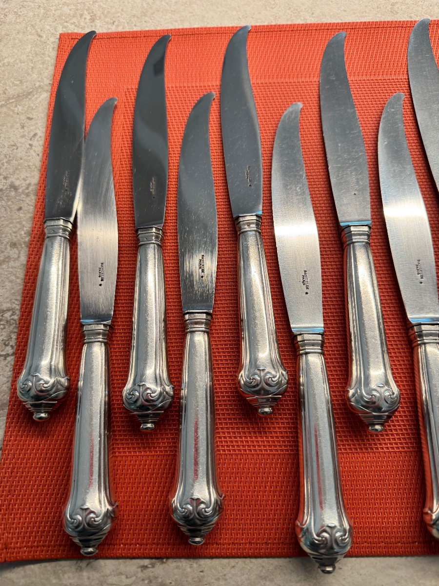 BANCELIN :24  GRANDS COUTEAUX ARGENT STYLE XVIII DLG PUIFORCAT +11 COUTEAUX LAME ARGENT DESSERT-photo-8
