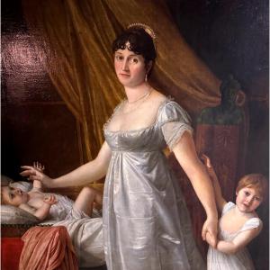  GRAND TABLEAU PORTRAIT  EPOQUE DEBUT XIX SIECLE EMPIRE  ( HUILE SUR TOILE ) 1M 33 PAR 1M 28