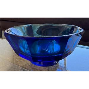 Daum Nancy: Octagonal Daum Cut On Standing Round Shower Rare Intense Blue Art Deco Epoque