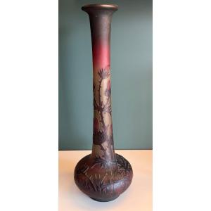 CHARLES VESSIERE  VASE ART NOUVEAU  EN PATE DE VERRE DEGAGÉ À L'ACIDE 30 CM DEBUT XX e SIECLE
