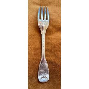 FOURCHETTE ARGENT MASSIF FILET COQUILLE FERMIERS GENERAUX ARMOIRIES 20,5 CM XVIII SIECLE