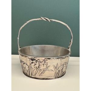 Japan:  Miyamoto Shoko Silversmith, Small Solid Silver Basket, Late Meji Period, Iris Decorations