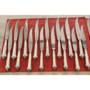 BANCELIN :24 GRANDS COUTEAUX ARGENT STYLE XVIII DLG PUIFORCAT +11 COUTEAUX LAME ARGENT DESSERT
