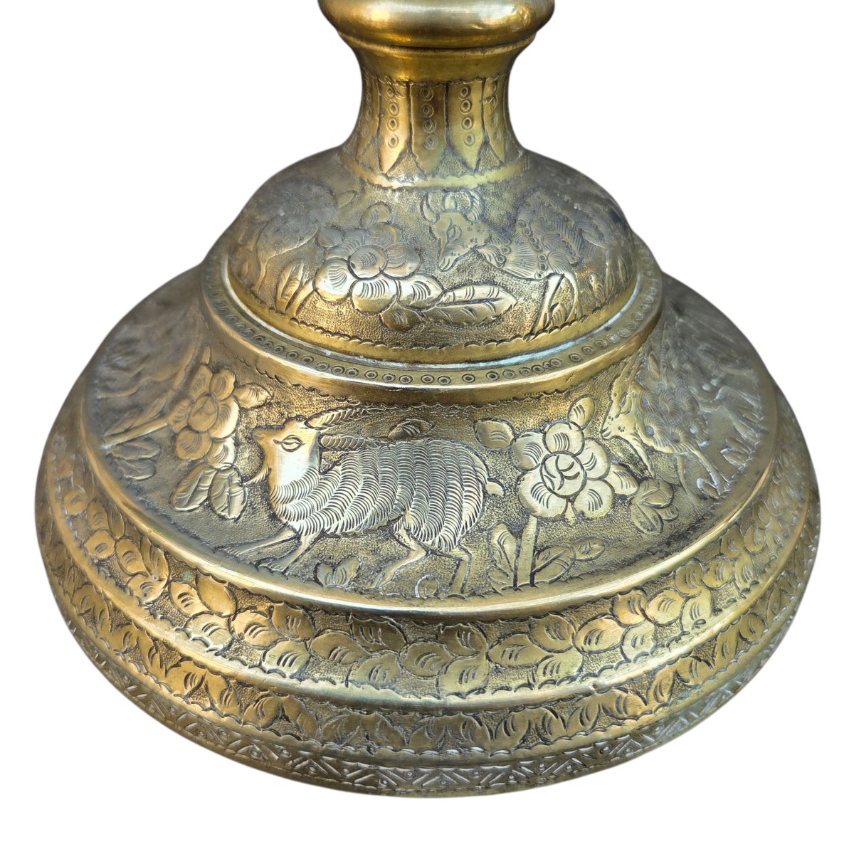 Pair Of Antique Chased Brass Candlesticks – Figurative Decoration – Persian Work, Iran, Q Period-photo-2