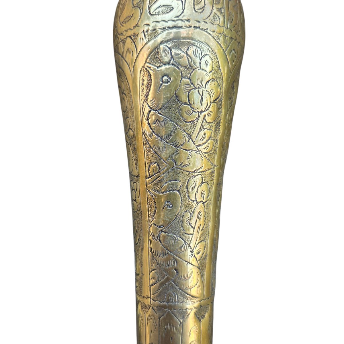 Pair Of Antique Chased Brass Candlesticks – Figurative Decoration – Persian Work, Iran, Q Period-photo-3