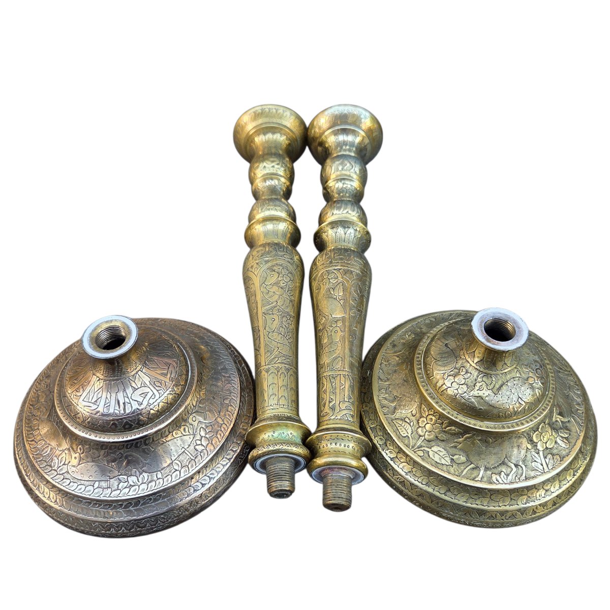 Pair Of Antique Chased Brass Candlesticks – Figurative Decoration – Persian Work, Iran, Q Period-photo-4