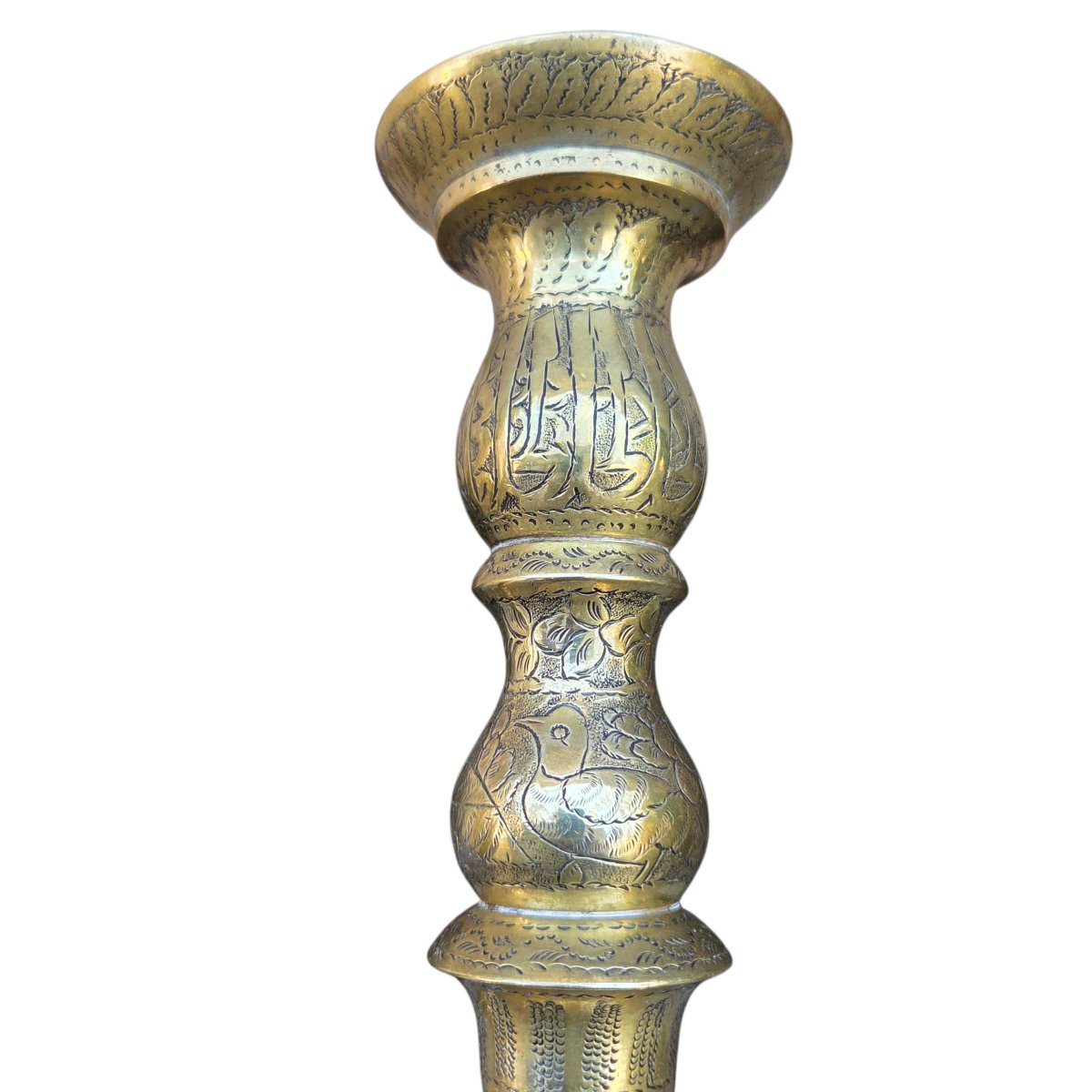 Pair Of Antique Chased Brass Candlesticks – Figurative Decoration – Persian Work, Iran, Q Period-photo-3