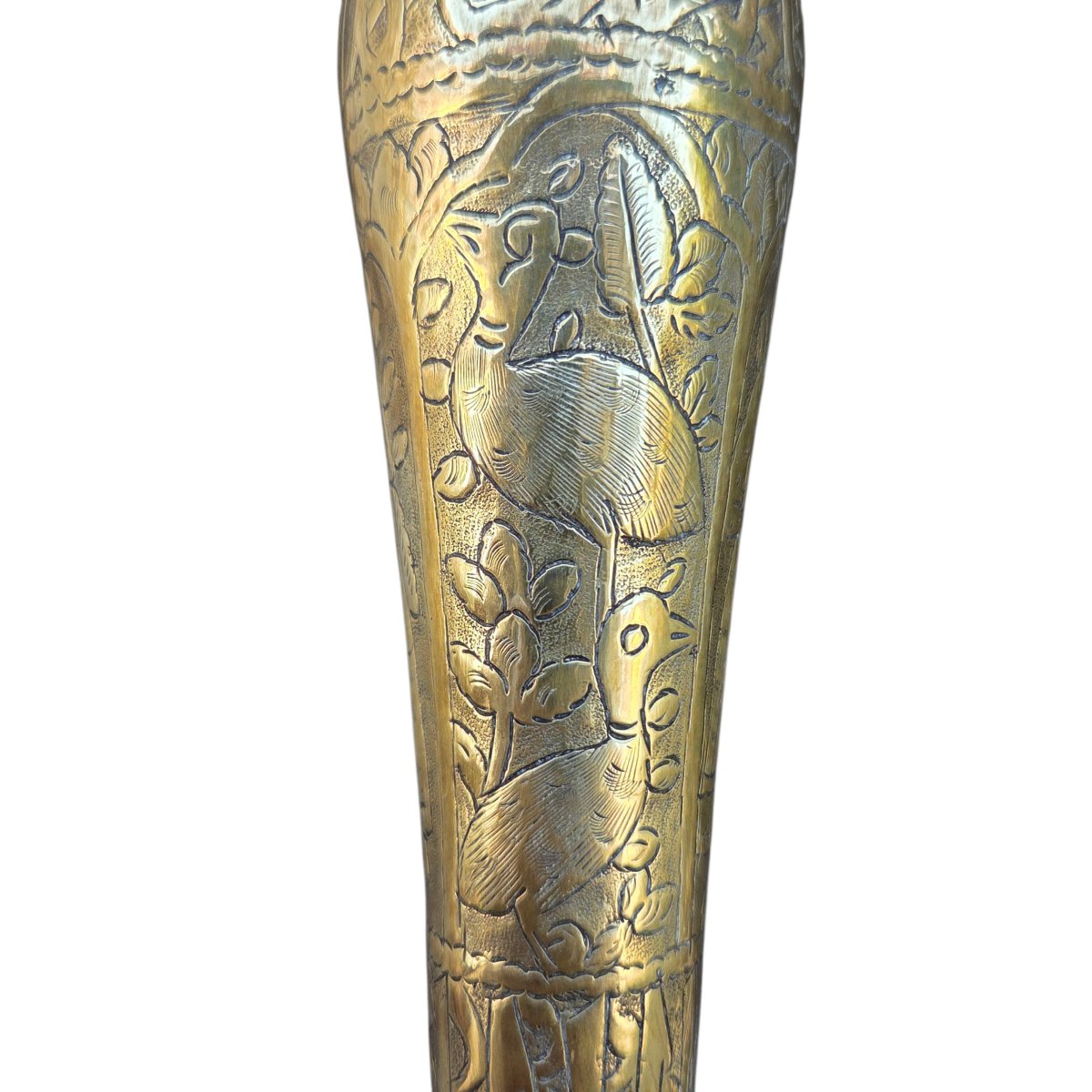 Pair Of Antique Chased Brass Candlesticks – Figurative Decoration – Persian Work, Iran, Q Period-photo-4