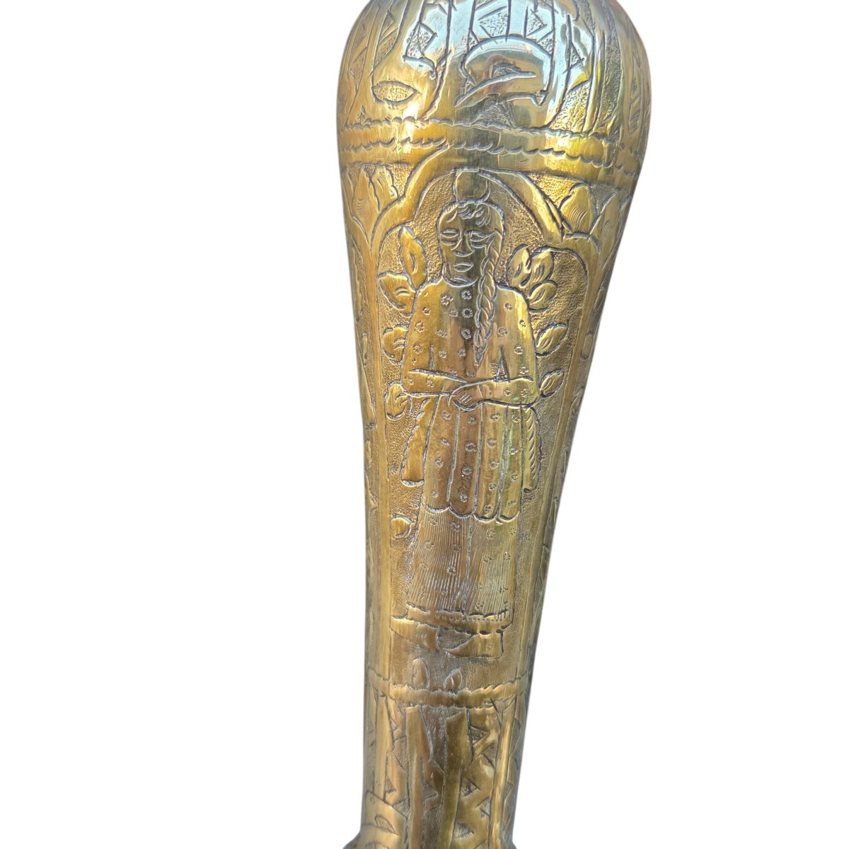 Pair Of Antique Chased Brass Candlesticks – Figurative Decoration – Persian Work, Iran, Q Period-photo-7