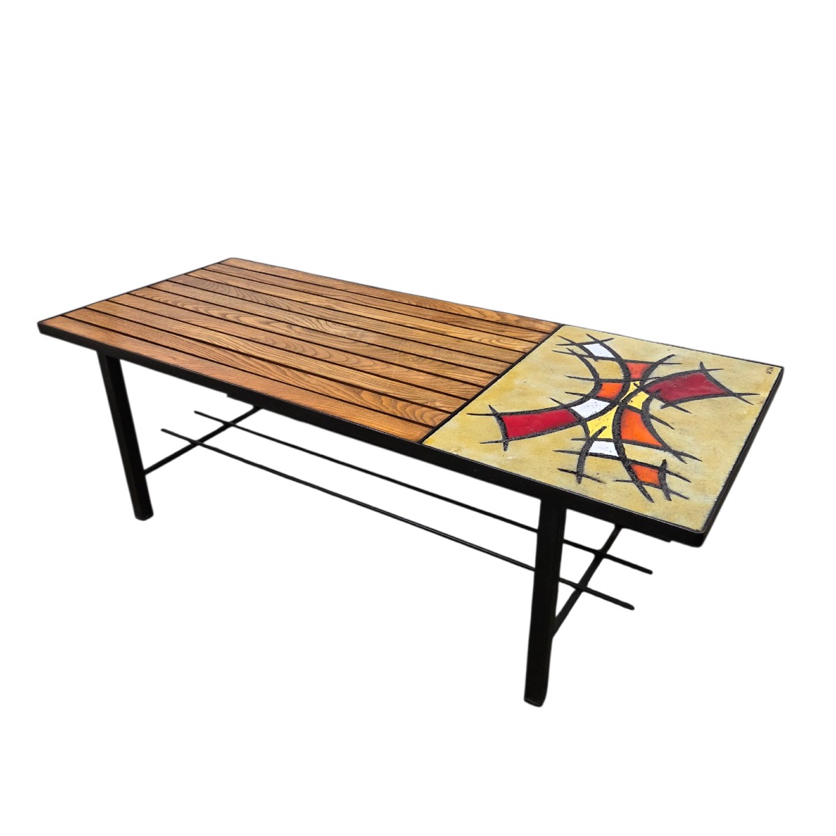 Coffee Table In Wood, Metal And Enameled Lava Stone – Work From The 1950s–1960s-photo-2