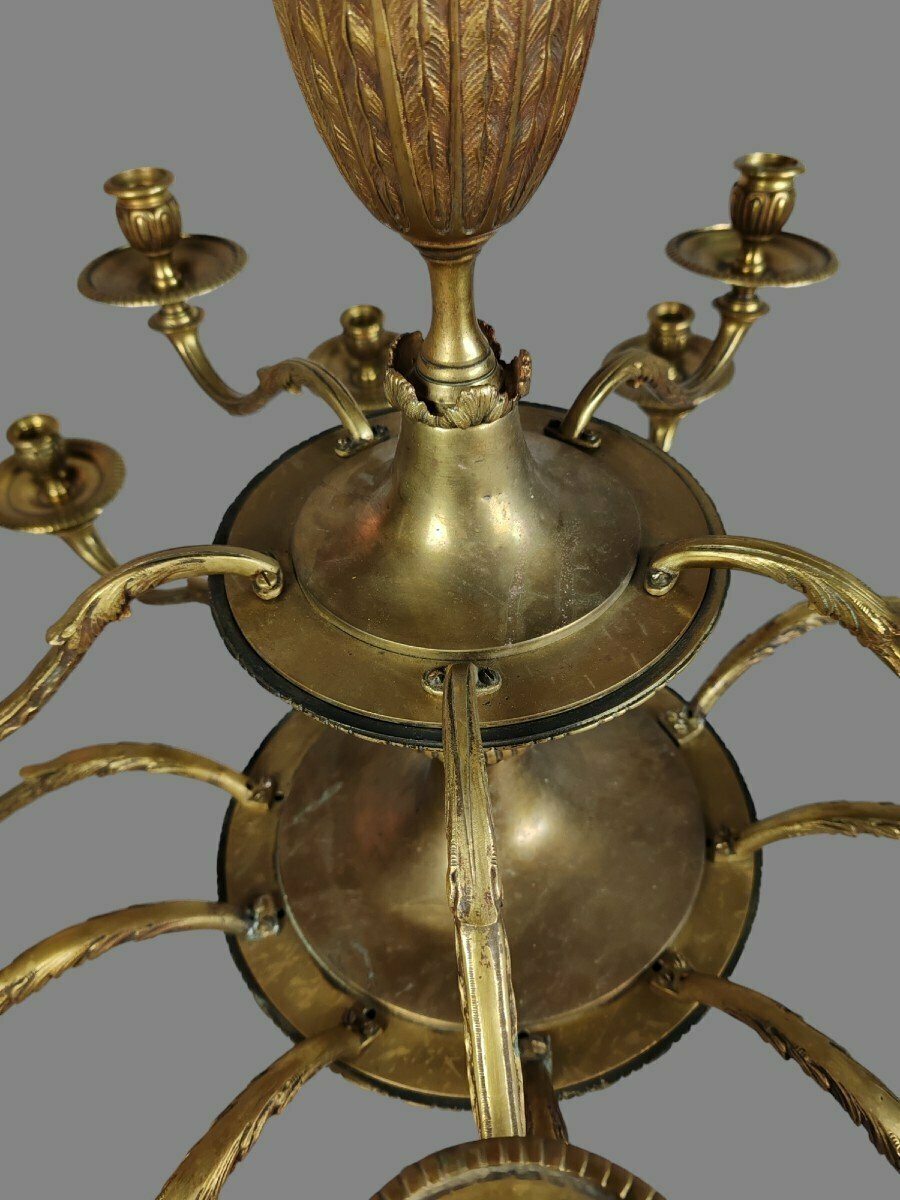 Lustre en bronze à quinze lumières, style Louis XVI, début du XXe siècle-photo-3