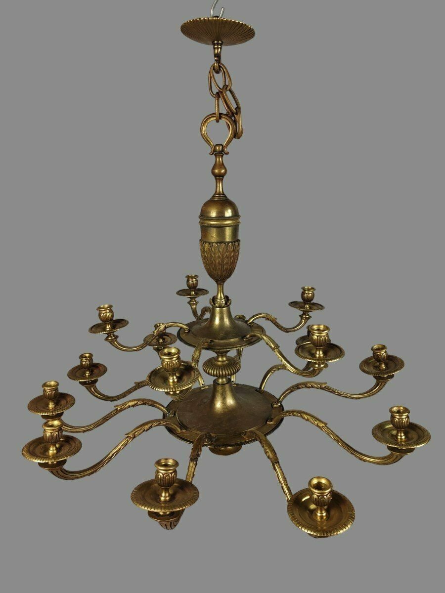 Lustre en bronze à quinze lumières, style Louis XVI, début du XXe siècle
