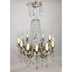 12 Light Chandelier, Glass And Crystal