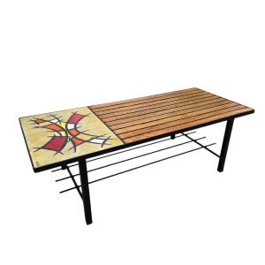 Coffee Table In Wood, Metal And Enameled Lava Stone – Work From The 1950s–1960s
