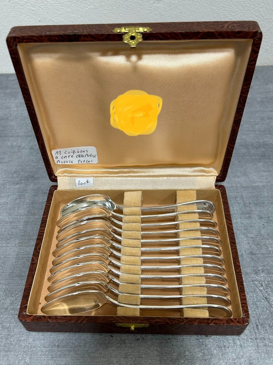 Box Of Twelve Teaspoons In Silver Metal Pearl Model From Christofle