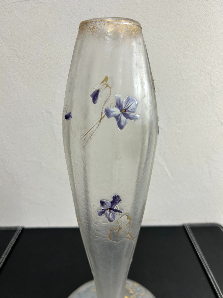 Vase Montjoye Saint Denis En Verre Dégagé à l'Acide Et émaillé De Violettes à Chaud-photo-3