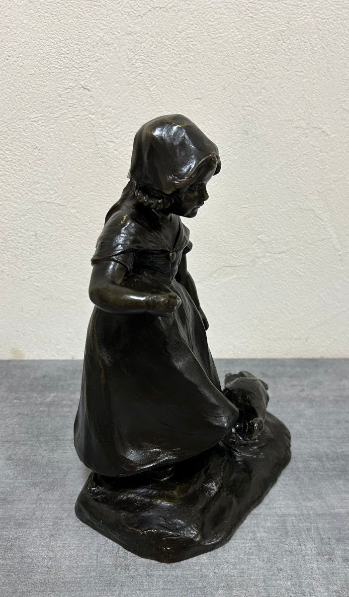 Young Girl And Her Goose In Bronze Signed Landuc Late 19th Century-photo-3
