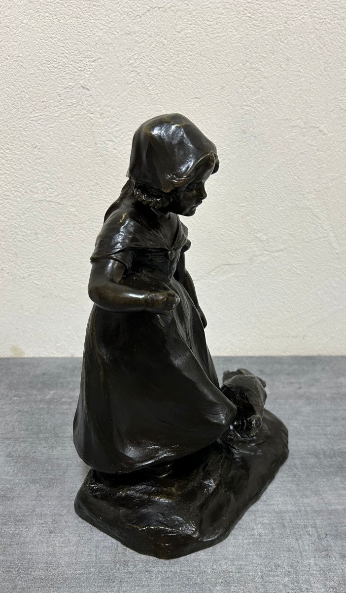 Jeune Fille Et Son Oie En Bronze Signé Landuc Fin XIXème-photo-3