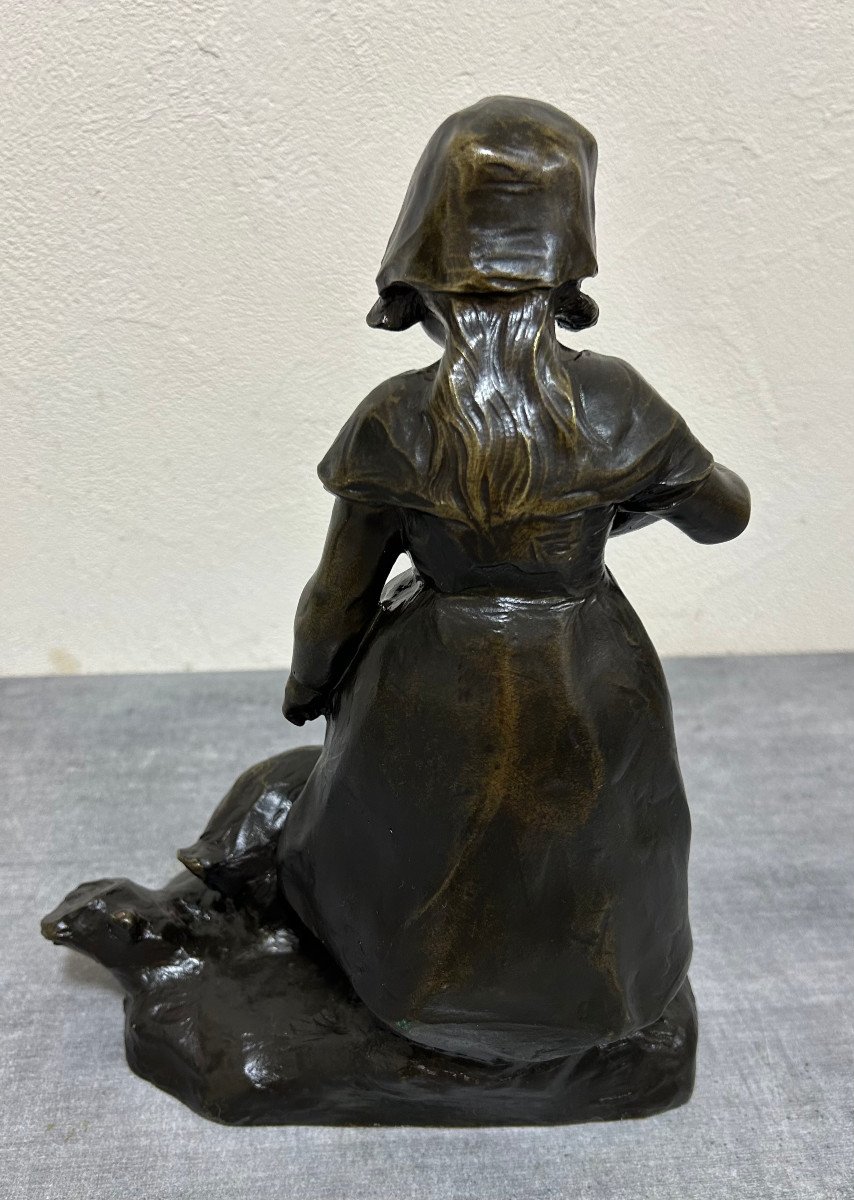 Jeune Fille Et Son Oie En Bronze Signé Landuc Fin XIXème-photo-4